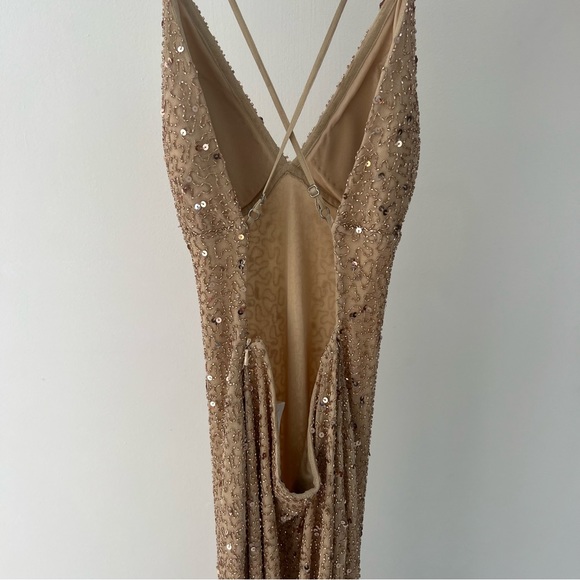 Gold sequin and beaded maxi sleeveless open back slit dress gown - Picture 3 of 7